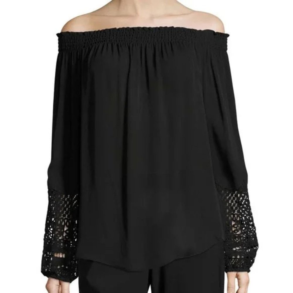 Kobi Halperin Karalee Silk Off-the-Shoulder Smocked Blouse Lace Sleeve, sz Large
